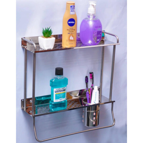 N022 ( Double Rectangle Shelf + Toothbrush Holder – 40cm ) Double Rectangle Shelf | 40 cm Stainless Steel Organizer with Toothbrush Holder & Towel Bar