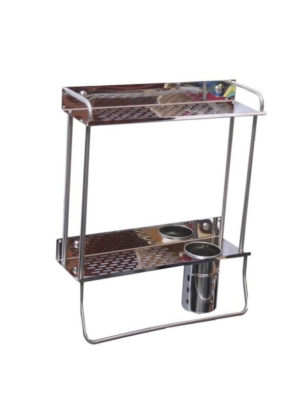 N022 ( Double Rectangle Shelf + Toothbrush Holder – 40cm ) 2 Double Rectangle Shelf | 40 cm Stainless Steel Organizer with Toothbrush Holder & Towel Bar