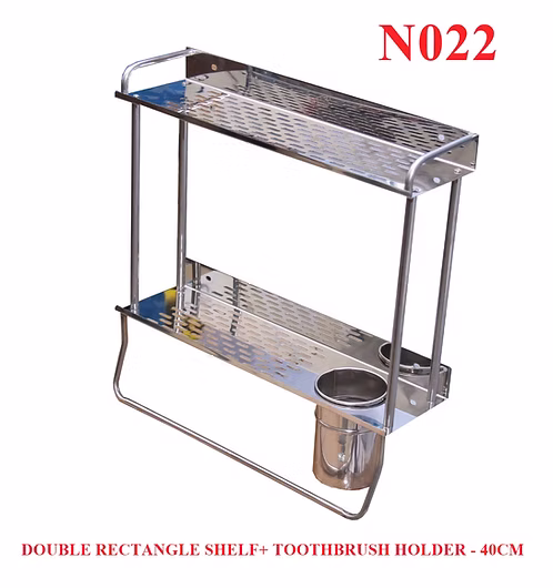 N022 ( Double Rectangle Shelf + Toothbrush Holder – 40cm ) 4 Double Rectangle Shelf | 40 cm Stainless Steel Organizer with Toothbrush Holder & Towel Bar
