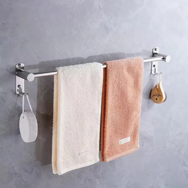 Single Towel Bar with Double Hook Plates | 60cm Stainless Steel Multi-Function Rail
