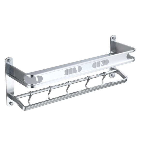 Aluminum Bathroom Shelf | 60x18cm Silver Storage Rack with Towel Bar & Hooks