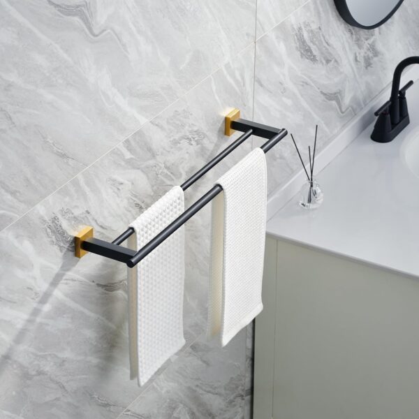 P.Square Double Towel Bar | SS304 Black & Gold Luxury Dual-Rail Bathroom Rack