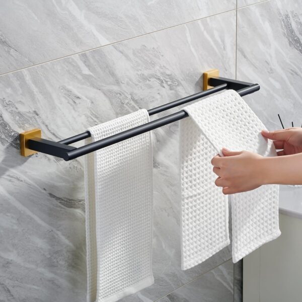 P.Square Double Towel Bar | SS304 Black & Gold Luxury Dual-Rail Bathroom Rack