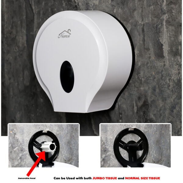 N319 – ABS White Jumbo Tissue Holder Universal Jumbo Tissue Holder | ABS White Heavy-Duty Dispenser with Removable Adaptor Panel