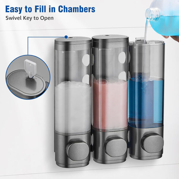 N326 – 3 In One Soap dispenser each 300ML – ABS Black 5 3-in-One Soap Dispenser | Triple 300ml ABS Black Wall-Mounted Unit