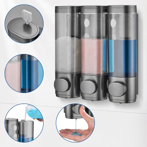 N326 – 3 In One Soap dispenser each 300ML – ABS Black 6 3-in-One Soap Dispenser | Triple 300ml ABS Black Wall-Mounted Unit