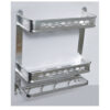 N343 – Aluminium Double Shelf with 8 hooks + Towel Bar – 40cm Aluminium Double Shelf | 40 cm Multi-Functional Rack with 8 Hooks & Towel Bar