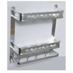 Aluminium Double Shelf | 40 cm Multi-Functional Rack with 8 Hooks & Towel Bar