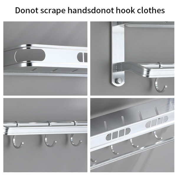 N343 – Aluminium Double Shelf with 8 hooks + Towel Bar – 40cm 2 Aluminium Double Shelf | 40 cm Multi-Functional Rack with 8 Hooks & Towel Bar