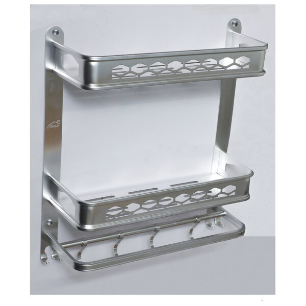 N343 – Aluminium Double Shelf with 8 hooks + Towel Bar – 40cm Aluminium Double Shelf | 40 cm Multi-Functional Rack with 8 Hooks & Towel Bar