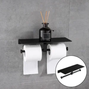 Double Sided Tissue Holder | Matte Black Dual-Roll Paper Holder with 27cm Integrated Utility Shelf
