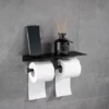 Double Sided Tissue Holder | Matte Black Dual-Roll Paper Holder with 27cm Integrated Utility Shelf