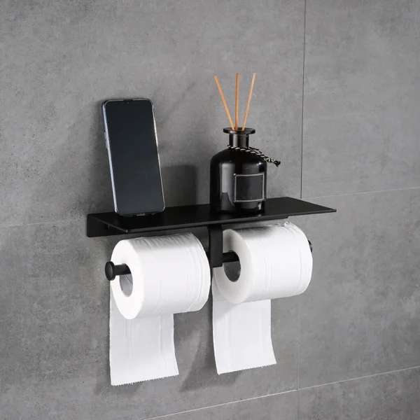 Double Sided Tissue Holder | Matte Black Dual-Roll Paper Holder with 27cm Integrated Utility Shelf