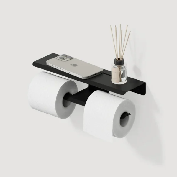 Double Sided Tissue Holder | Matte Black Dual-Roll Paper Holder with 27cm Integrated Utility Shelf