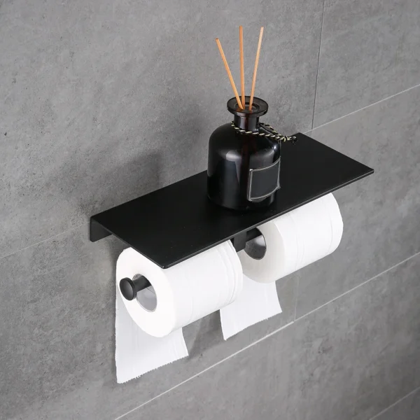 Double Sided Tissue Holder | Matte Black Dual-Roll Paper Holder with 27cm Integrated Utility Shelf