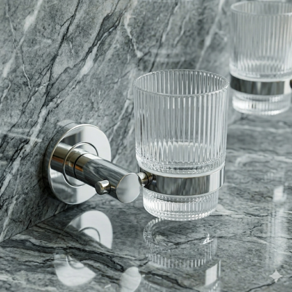 N072 Single Tumbler Holder | Wall-Mounted Chrome Rack with Ribbed Glass Cup