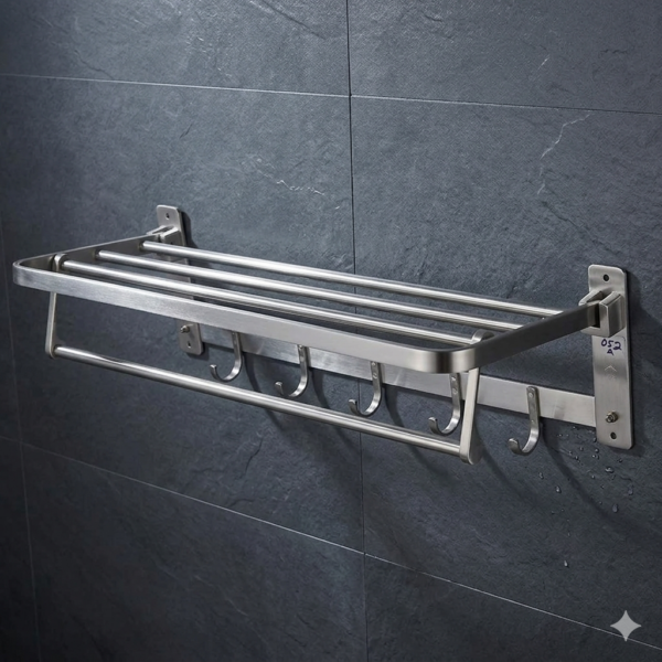 Towel Shelf | 60cm Stainless Steel Multi-Function Rack with 8 Hooks