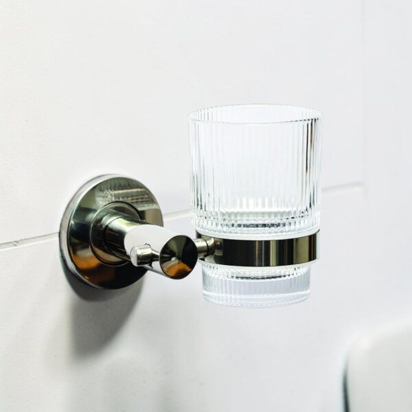 N072 Single Tumbler Holder | Wall-Mounted Chrome Rack with Ribbed Glass Cup
