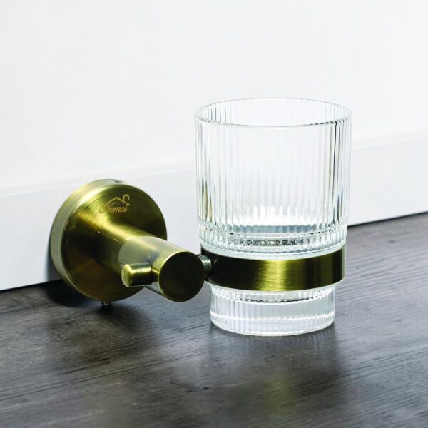Single Tumbler Holder | Antique Brass Wall-Mounted Rack with Ribbed Glass Tumbler