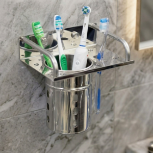 Toothbrush Holder | Stainless Steel Wall-Mounted Organizer with Perforated Tumbler