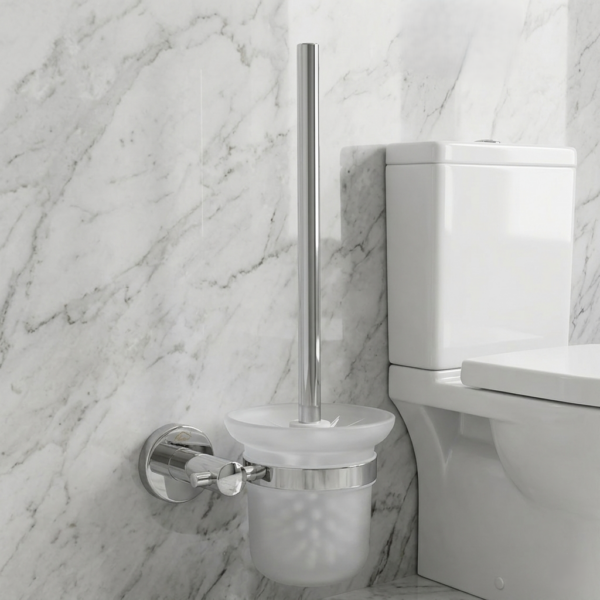 Glass Toilet Brush | Wall-Mounted Frosted Glass Canister with Polished Chrome Finish