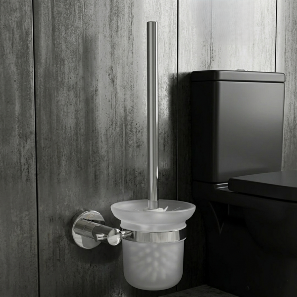 Glass Toilet Brush | Wall-Mounted Frosted Glass Canister with Polished Chrome Finish