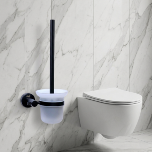 Glass Toilet Brush | Matte Black SS304 Wall-Mounted Set with Frosted Glass Canister