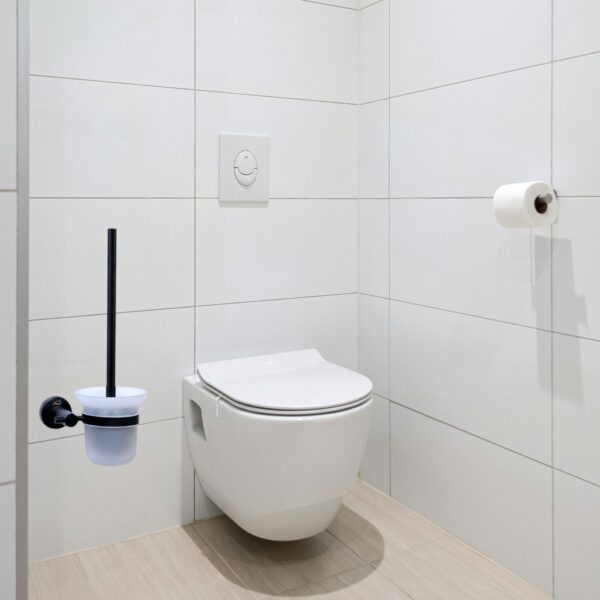 Glass Toilet Brush | Matte Black SS304 Wall-Mounted Set with Frosted Glass Canister