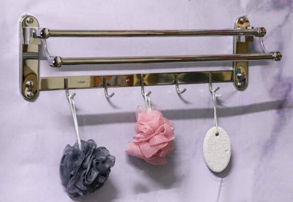 Double Towel Bar | 60cm Polished Chrome Rack with 5 Integrated Hooks