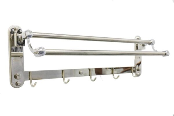 Double Towel Bar | 60cm Polished Chrome Rack with 5 Integrated Hooks