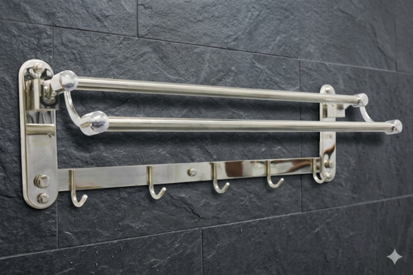 Double Towel Bar | 60cm Polished Chrome Rack with 5 Integrated Hooks