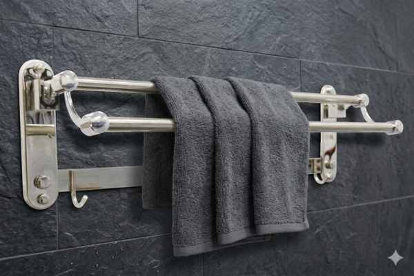 Double Towel Bar | 60cm Polished Chrome Rack with 5 Integrated Hooks
