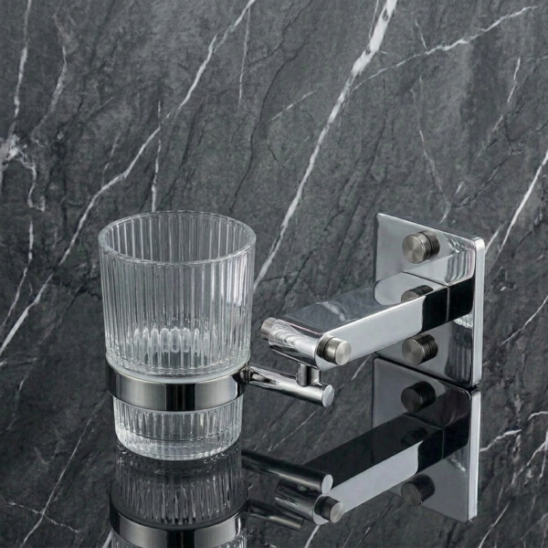 Single Tumbler Holder | Polished Square-Base Wall Rack with Ribbed Glass