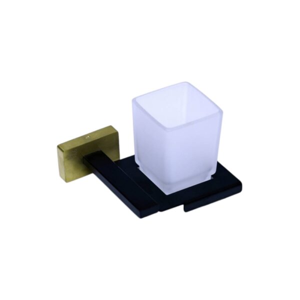 P. Square (SS304) Tumbler Holder | Black & Gold Wall-Mounted Tray with Frosted Square Tumbler