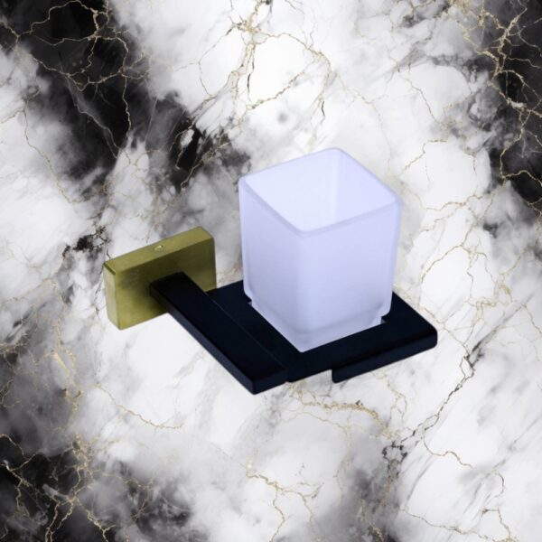 P. Square (SS304) Tumbler Holder | Black & Gold Wall-Mounted Tray with Frosted Square Tumbler