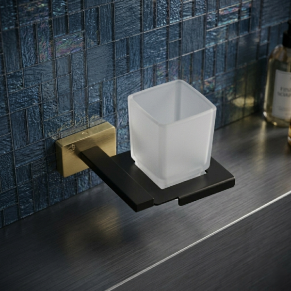 P. Square (SS304) Tumbler Holder | Black & Gold Wall-Mounted Tray with Frosted Square Tumbler