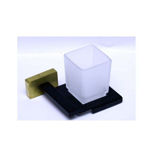 P. Square (SS304) Tumbler Holder | Black & Gold Wall-Mounted Tray with Frosted Square Tumbler