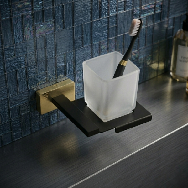 P. Square (SS304) Tumbler Holder | Black & Gold Wall-Mounted Tray with Frosted Square Tumbler