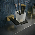 P. Square (SS304) Tumbler Holder | Black & Gold Wall-Mounted Tray with Frosted Square Tumbler