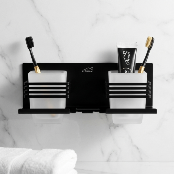Premium (SS304) Double Tumbler + Toothbrush Holder | Matte Black Dual-Station Organizer