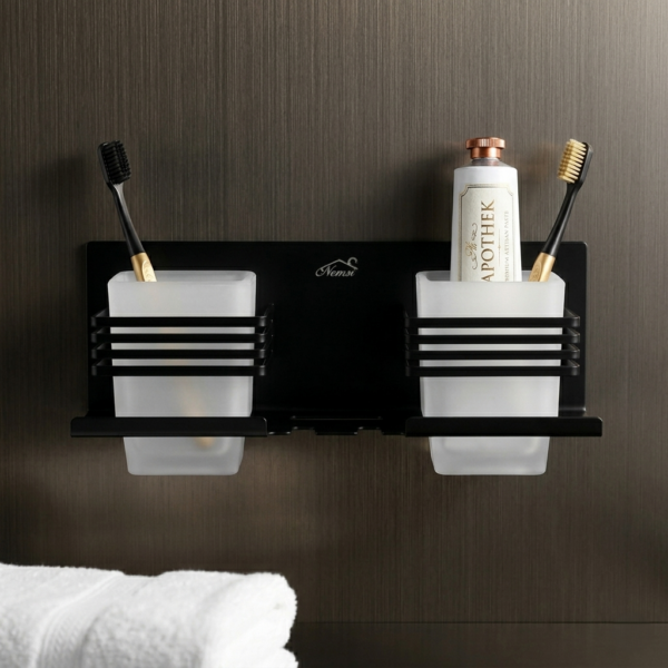 Premium (SS304) Double Tumbler + Toothbrush Holder | Matte Black Dual-Station Organizer