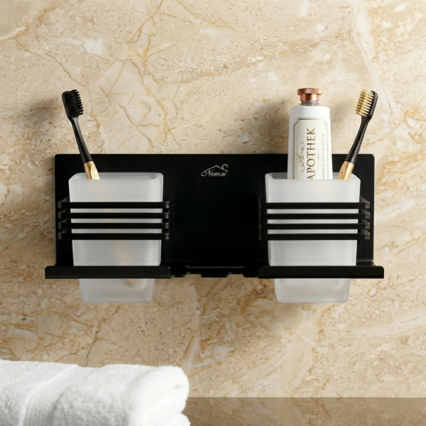 Premium (SS304) Double Tumbler + Toothbrush Holder | Matte Black Dual-Station Organizer