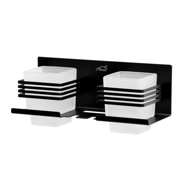 Premium (SS304) Double Tumbler + Toothbrush Holder | Matte Black Dual-Station Organizer