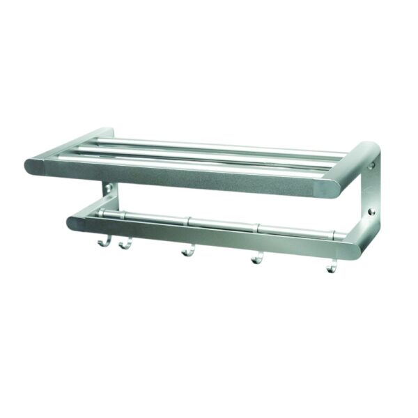 N344 – .Towel Rack with 5 Hooks – High Density Aluminium 2 High Density Aluminum Towel Rack | 60cm Silver Multi-Tier Shelf with 5 Hooks