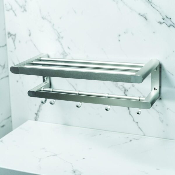 N344 – .Towel Rack with 5 Hooks – High Density Aluminium 4 High Density Aluminum Towel Rack | 60cm Silver Multi-Tier Shelf with 5 Hooks