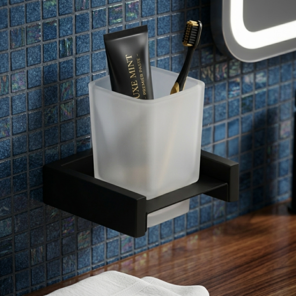 Premium Square Tumbler Holder | Matte Black Wall-Mounted Shelf with Frosted Square Tumbler