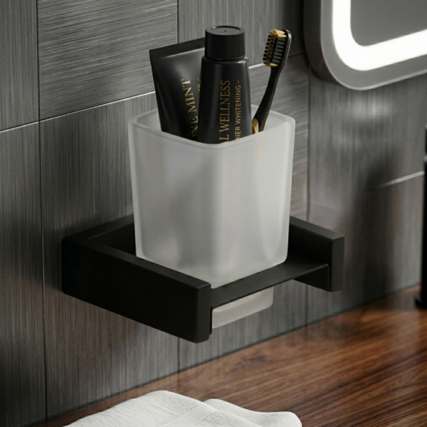 Premium Square Tumbler Holder | Matte Black Wall-Mounted Shelf with Frosted Square Tumbler