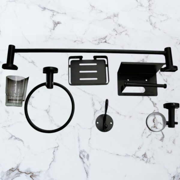 N053B – 6 Pieces Bathroom Set – Black 2 Luxury 6-Piece Bathroom Hardware Accessory Set | Matte Black Stainless Steel Wall-Mounted Set