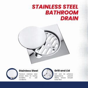 Floor Strainer | 15cm x 15cm Square Polished Drainage Grate with Fixed Secondary Filter