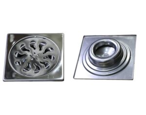 Floor Strainer | 15cm x 15cm Square Polished Stainless Steel Drainage Grate with Integrated Trap